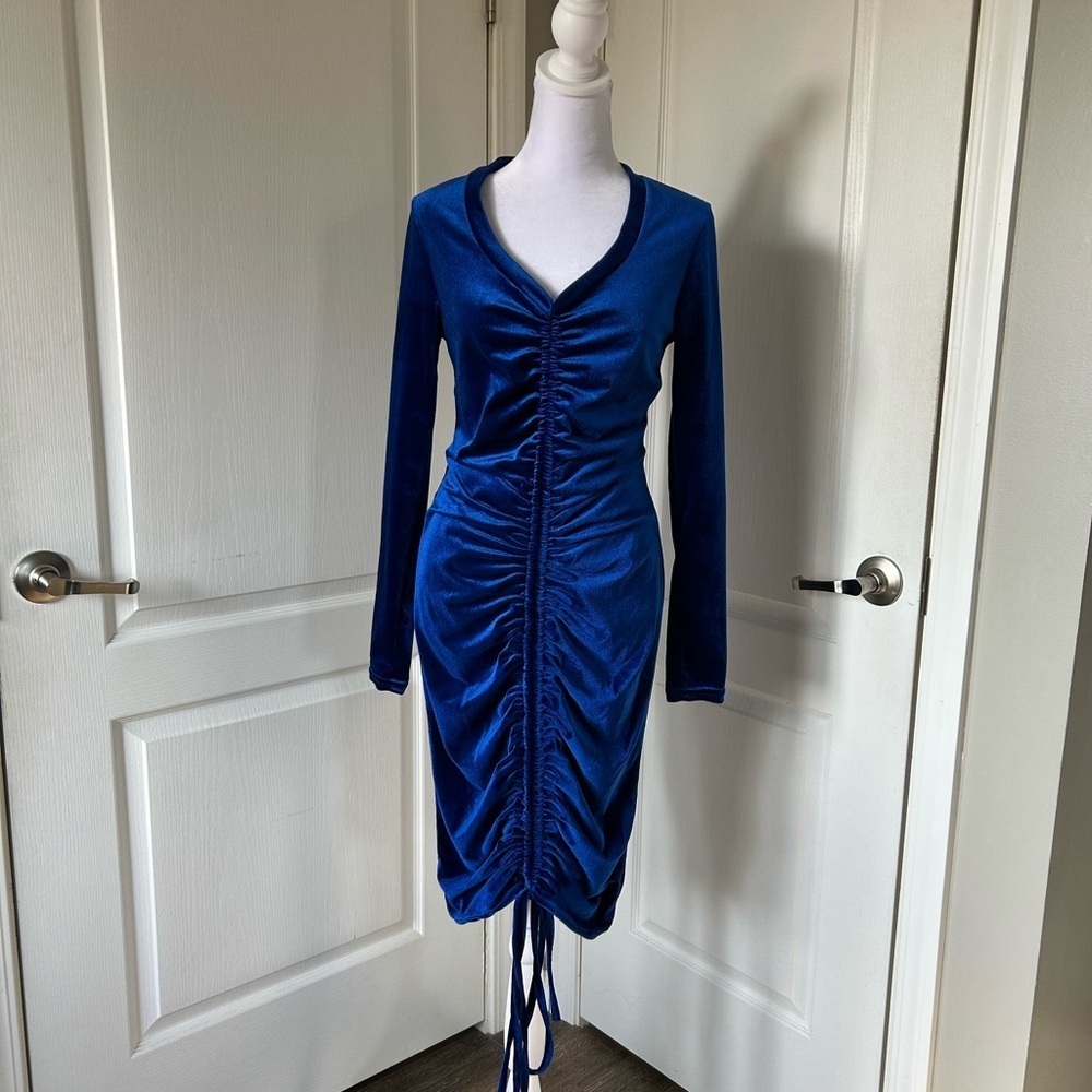 Chicme blue velvet long sleeve party dress Y2K style ruched drawstring size s​​​